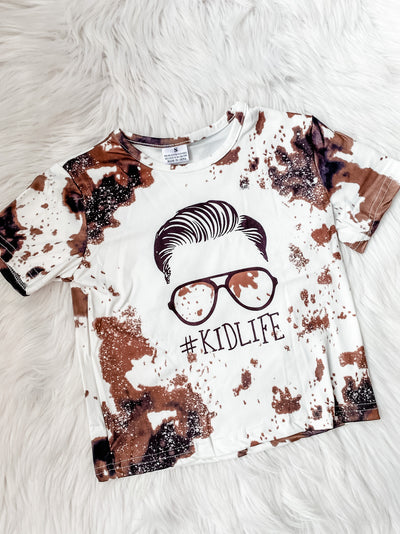 Boys bleached brown and black shirt with boy face and #KIDLIFE. 