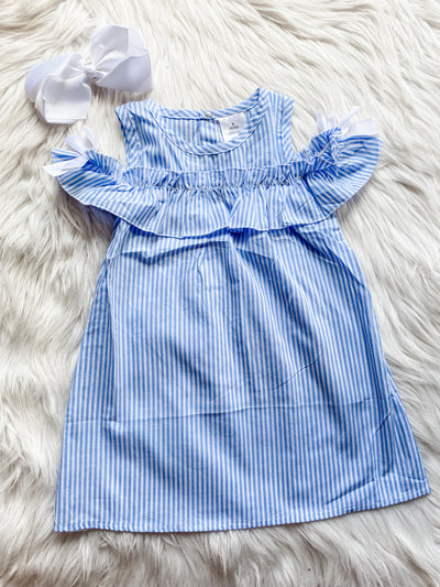 Girls Blue stripe seersucker dress, with open shoulders and ruffle.