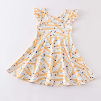 Girls flutter sleeve twirl dress with crisscross back and pencil pattern. 