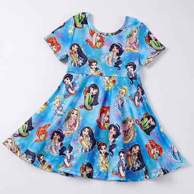 Girls bright blue short sleeve twirl dress with different princesses. 