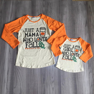 Long sleeve mommy and me matching raglan tee with orange sleeves and love fall quotes. 