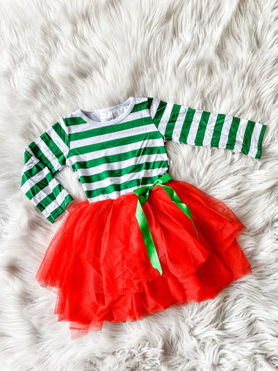 Girls tutu dress with green and white striped top and red tulle skirt and a green ribbon on the waist. 