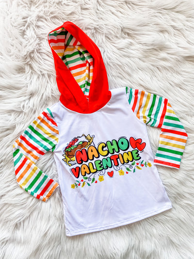 Unisex kids hoodie with orange, red, green and yellow striped sleeves and hoodie liner, red hood, white shirt, and matching Nacho Valentine and nachos on the front. 