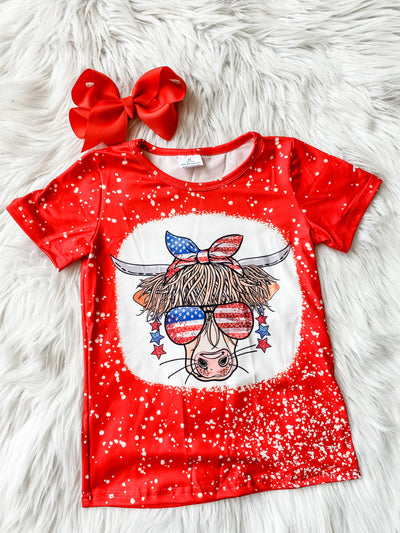 Highland cow july 4th shirt for girls with patriotic steer in USA glasses and red bleached out shirt