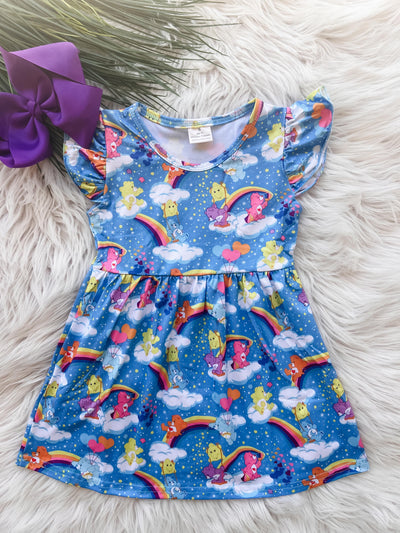 90s Nostalgia Bears, 90s cartoons flutter sleeve dress for girls. Adorable bears that care with rainbows and shooting stars. Perfect for a 90s theme birthday party.
