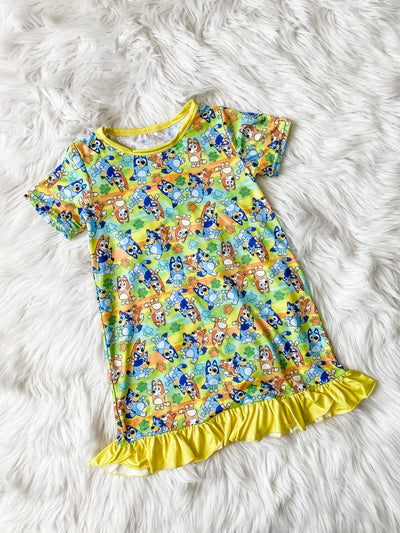 Girls yellow nightgown with ruffle bottom and famous Australian dogs print.