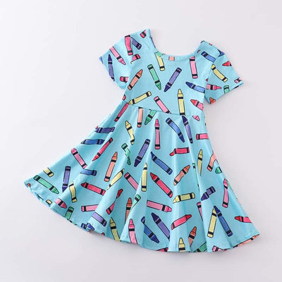 Girls blue twirl dress with multi-colored crayons. GIrls back to school dress