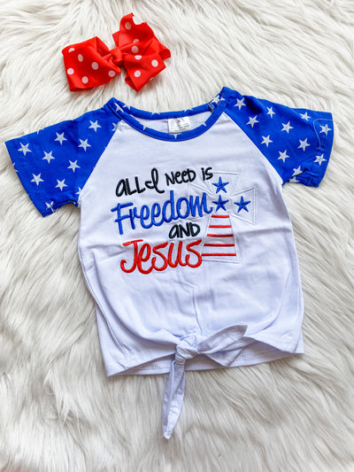 Girls embroidered shirt with saying "All I need is Freedom and Jesus" embroidered on the front with a Christian cross in red white and blue also embroidered. GIrls July 4th tshirt, Girls Memorial Day tshirt, Girls Labor Day tee.