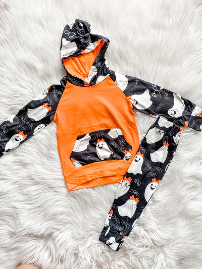 Sweet girly ghost hoodie and leggings set. Adorable Halloween outfit for girls with girl ghost print from Tulips & Twirls Boutique