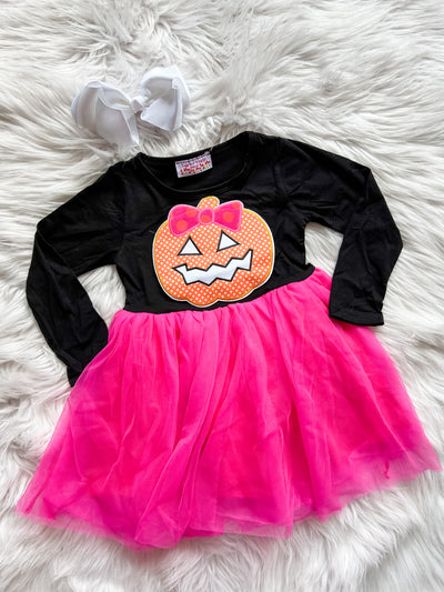 Girl's long sleeve dress with black sleeves, hot pink tu-tu skirt, and an embroidered pumpkin. 