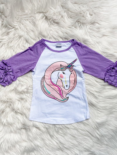 Girls long purple sleeve icing raglan shirt with a pretty unicorn. 