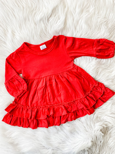 Girls red long sleeve high low top with ruffles. 