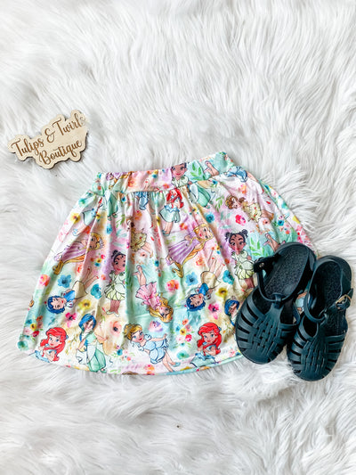 Girls princess skort with shorts underneath and a princess pattern. 