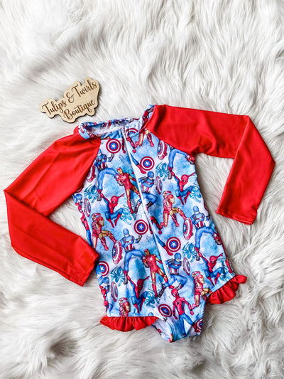 Girls red long sleeve zipper swimsuit with super heroes from Marvel.