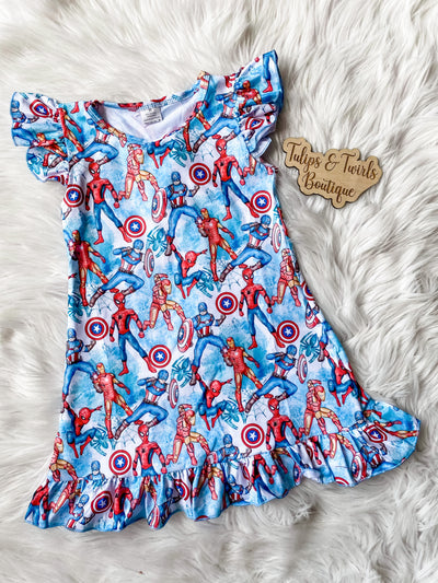 Girls blue nightgown with ruffle sleeves and hem with Marvel character print. 