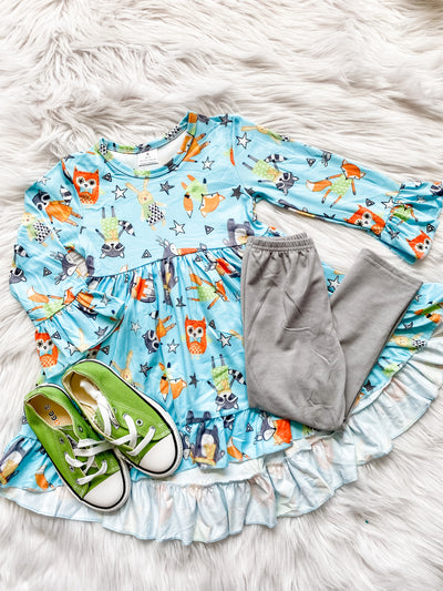 Girls two piece legging set with long sleeve high low top with woodland creatures. 