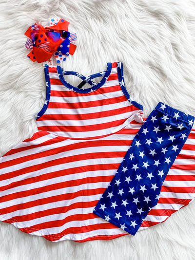 Girls two piece patriotic set with red and white stripe tank top and blue shorts with white stars. 