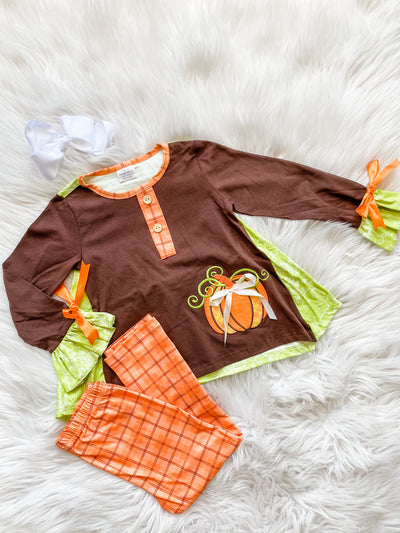 Beautiful girls embroidered pumpkin outfit set. Fall color shirt with matching orange plaid print leggings. Online girls boutique Tulips & Twirls.
