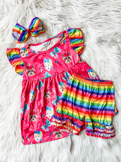 Two piece girls set with rainbow ruffle shorts and a pink flutter sleeve top with JoJo on it. 