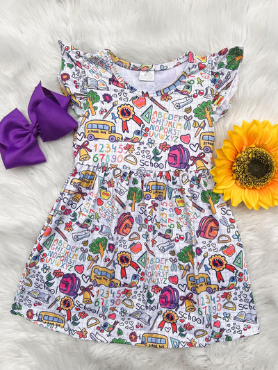 Girls doodle print back to school dress. Adorable preschool kindergarten grade school back to school dress. Flutter sleeve dress with all over adorable hand drawn back to school graphics.