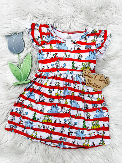 Girls Flutter Sleeve Horton Dress with dr friends all over pattern. Adorable read across america week dress.