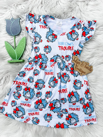 Girls flutter sleeve read across america dress with the troublesome twins of their favorite book.