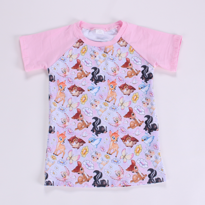 Unisex short sleeve raglan shirt with pink sleeves and woodland creatures Thumper, Flower and others. 