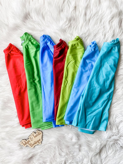 Kids unisex swim shirts, kids rashgaurds in various colors from Tulips & Twirls online children's boutique