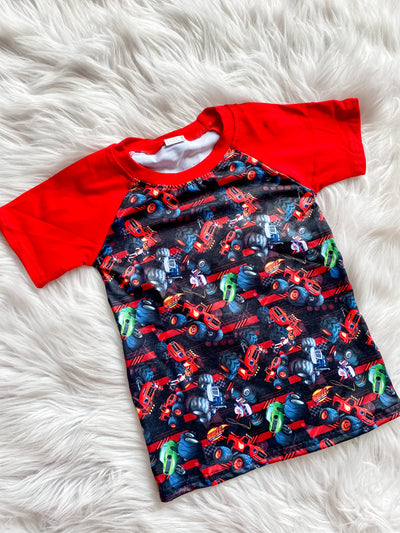 Unisex raglan t-shirt with red sleeves and famous monster trucks included Blaze. 