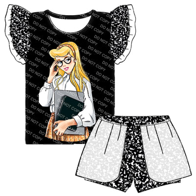 Sleeping Princess Back to School Set with glitter flutter sleeves and shorts