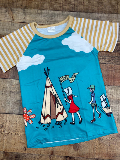 Unisex children's raglan shirt with white and yellow striped sleeves and a Thanksgiving scene on a teal background. 