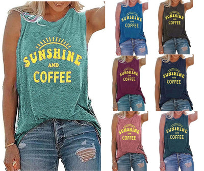 Womens tank top that says Sunshine and Coffee in bright yellow letters. Comes in navy, blush, mint, and teal colors. 