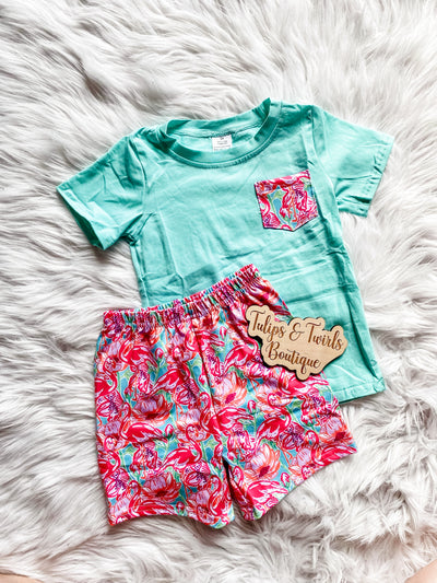 boys Lilly inspired shorts set with fun palm beach floral print shorts and coordinating teal pocket tee