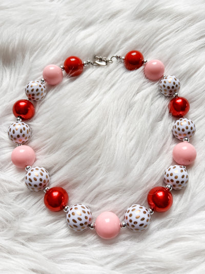 Girls bubblegum bead necklace with pink, red, and white with gold dots, beads. Girl's Valentine's Day necklace