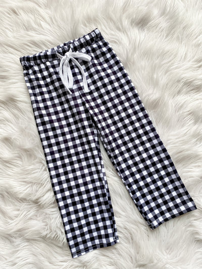 Black and white buffalo plaid lounge pant with drawstring for kids and adults