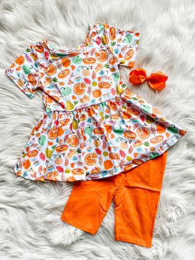 Orange Fall two-piece set with fall favorite gourds, pies, and leaves