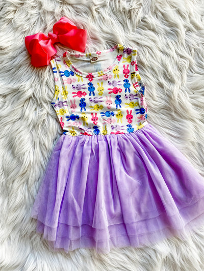 Girls tutu dress with multi-colored rabbits and a purple tulle skirt. 