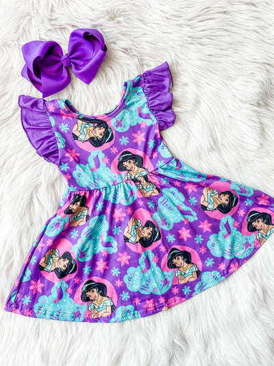 Girls short sleeve flutter dress with purple and blues with Arabian princess face on it. 