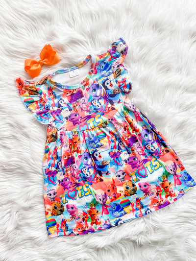 Girls flutter sleeve water color dress with famous tots characters. 