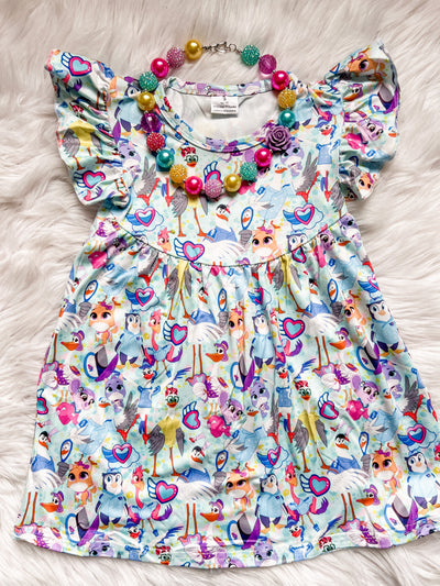 Girls short sleeve flutter dress with tots characters all over. 