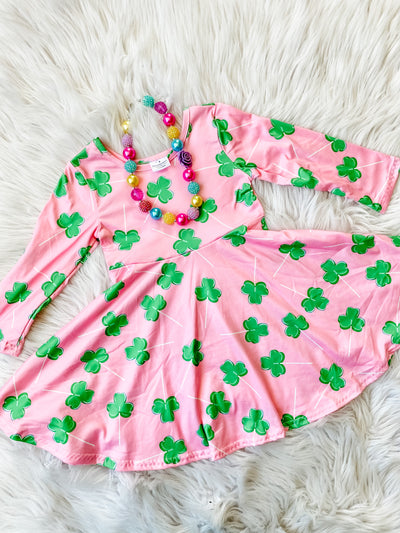 Girls long sleeve pink dress with green lollipop shamrocks. Girls St. Patricks Day Dress