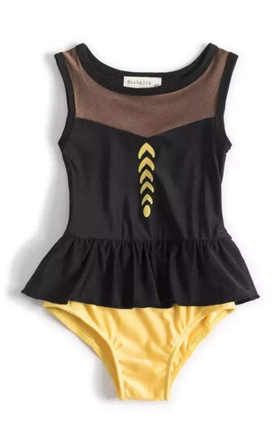 Girls princess swimsuit with black skirted top and gold bottoms. 