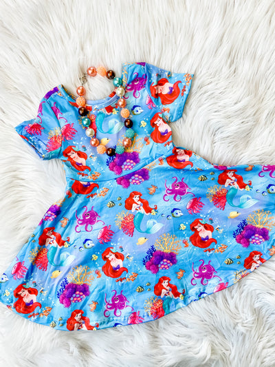Under the Sea girls twirl dress with red hair princess and sea life.