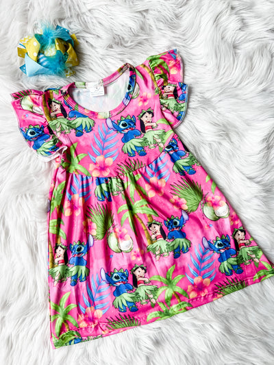 Pink girls flutter sleeve dress with palm trees and the blue alien dancing the luau. 