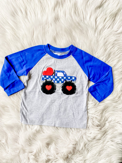 Boys Long sleeve Valentine's Day raglan with blue sleeves and a blue and white checked monster truck
