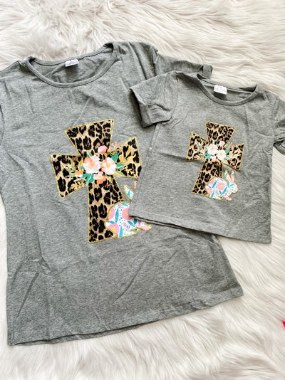 Mommy and me matching grey Easter tshirts with a leopard print cross and floral rabbit. 