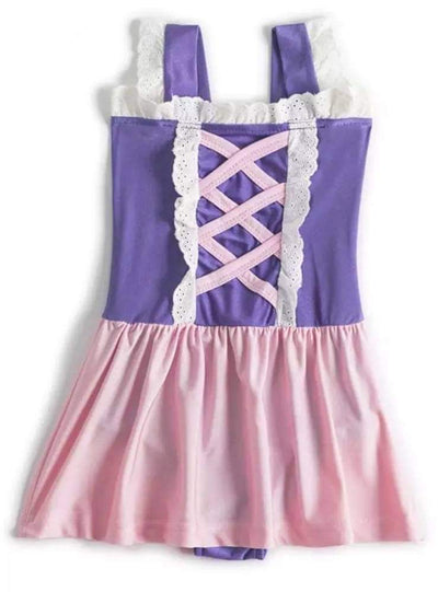 Long haired Princess inspired pink and purple swimsuit with pink lacing and a pink skirt. Princess bathing suit.
