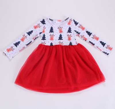 Girls long sleeve tutu tulle dress with red nose reindeers on the top with red tulle bottom. 