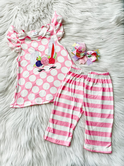 Girls two piece Easter set with pink and white striped pants, and a short flutter sleeve top with pink and white polka dots and a embroidered bunny face. 