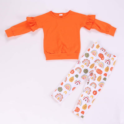 Girls two piece set with orange ruffle sweater and leggings with rainbows printed in fall colors